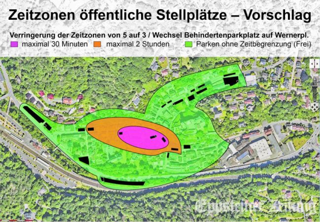 Das Altstadtkonzept sieht klare Regeln vor: Die zeitliche Begrenzung für viele Parkplätze ist aufgehoben (grün), dafür gibt’s im Zentrum nur Kurzzeitparken (magenta). Quelle: Stadt Eppstein